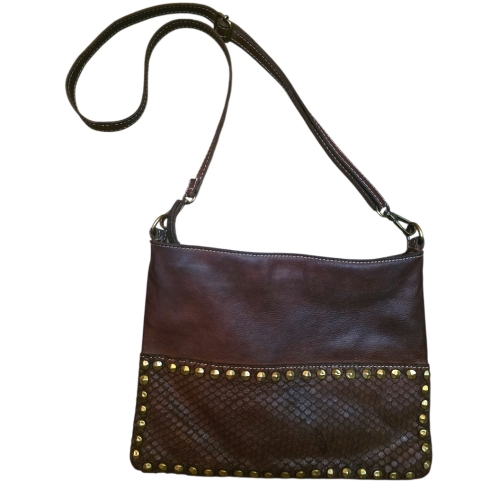 Caterina Ratti Rare Italian Tooled Leather Crossbody Bag Studded Python Panel Ma - Picture 2 of 6